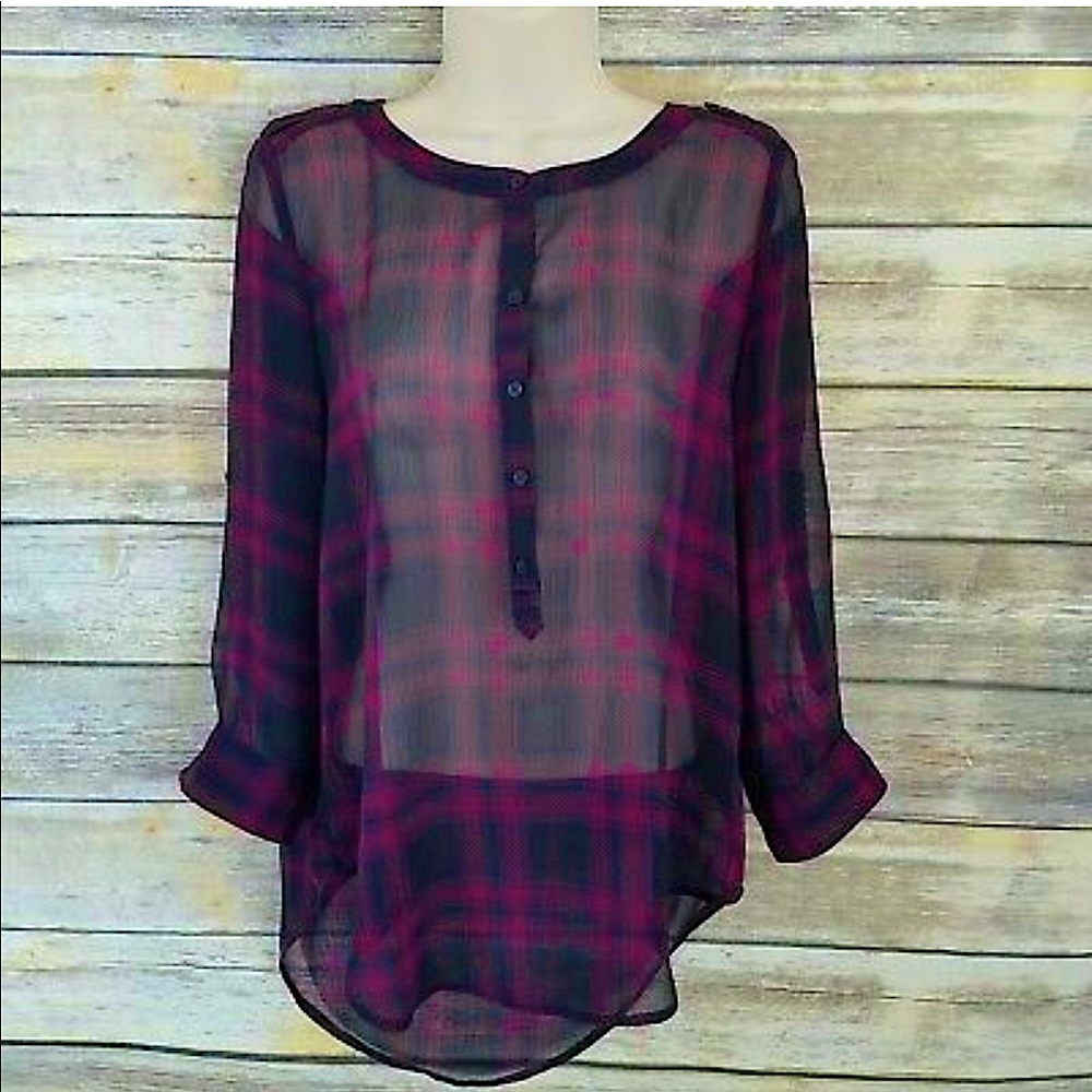 Express Sheer Plaid 3/4 Sleeve Top